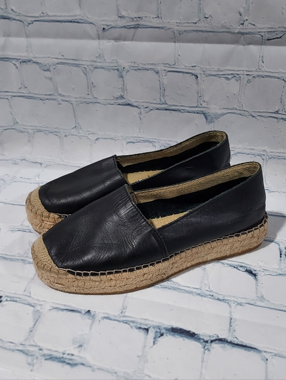 Fabiolas Genuine Spanish Leather Black Espadrilles Flats Sz 38  7.5 Boho Beach